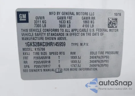 2017 GMC Yukon Slt z USA, uszkodzony, nr VIN 1GKS2BKC0HR145959